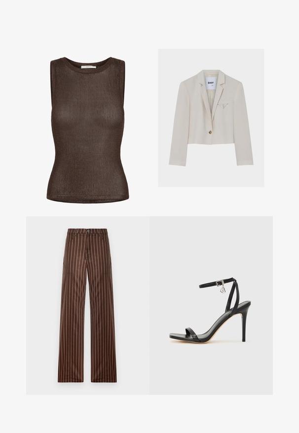 Blazer court de couleur crème avec un bouton, des revers crantés et un petit détail de rabat triangulaire sur la poche poitrine gauche.; Haut en maille marron sans manches avec encolure ronde et fine texture côtelée, étiquette de marque "GESTUZ" cousue à l'intérieur du col.; Pantalons à large pattes à rayures brunes, en tissu lisse, dotés d'une fermeture à bouton, de deux poches avant et de rayures verticales crème.; Sandale à talon haut noire avec une bride étroite à la cheville, bout carré, cuir lisse et accent de boucle métallique.