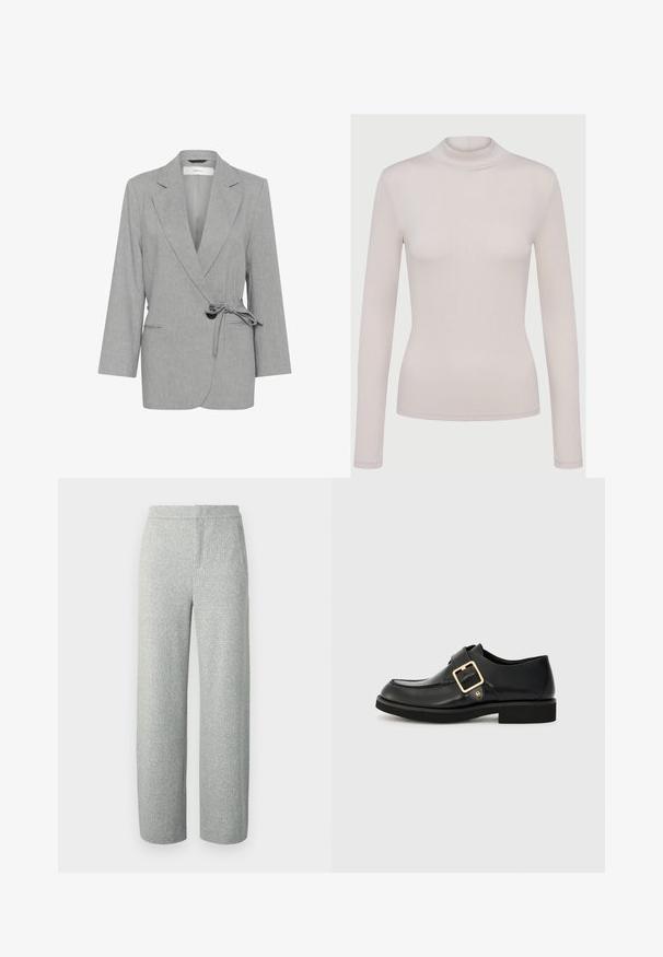 Grå, struktureret blazer med indpakningsdesign, lange ærmer og bindebånd i taljen. Har to forlommer og slagkraver.; Lys beige langærmet turtleneck-top lavet af et blødt, strækbart materiale. Tætsiddende design med ribbet tekstur og standardmanchetter.; Lysegrå vævede bukser med en subtil meleret tekstur, designet med vide ben og en flad linning uden synlige beslag eller lommer.; Sort lædersko med rund tå, udstyret med en guldbuckle og en flad gummisål. Glat tekstur med diskrete syningsdetaljer.