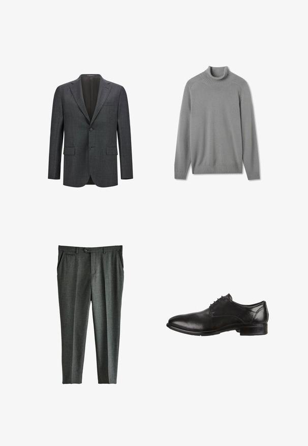 Blazer ajusté gris foncé avec un revers cranté, fermeture à un bouton, deux poches avant et une doublure intérieure lisse. Tissu texturé.; Pull en maille torsadée gris clair avec col et ourlet côtelés. Présente des manches longues et une coupe classique. Texture lisse, sans motifs ni accents.; Pantalons grisés ajustés avec un motif à carreaux subtil, des plis avant, des poches latérales et une fermeture à un bouton au niveau de la taille.; Chaussure habillée en cuir noir avec une finition lisse, un bout rond, un laçage et un talon bas empilé. Accents de couture subtils visibles.