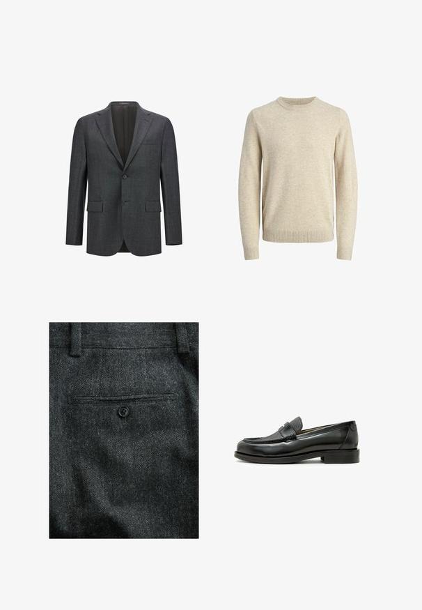 Mørkegrå skræddersyet blazer med reveslag, enkelt knaplukning, to frontlommer og glat inderfor. Struktureret stof.; Beige strikket sweater lavet af blødt materiale med ribbet rund hals, lange ærmer samt ribbede manchetter og kant.; Mørkegrå uldbukser med en struktureret finish, en enkelt baglomme med sort knaplukning og bæltestropper i taljen.; Sort læder loafers med en struktureret sort læderdetalje, rund tå og en lav blokhæl; har en dekorativ metal detalje.