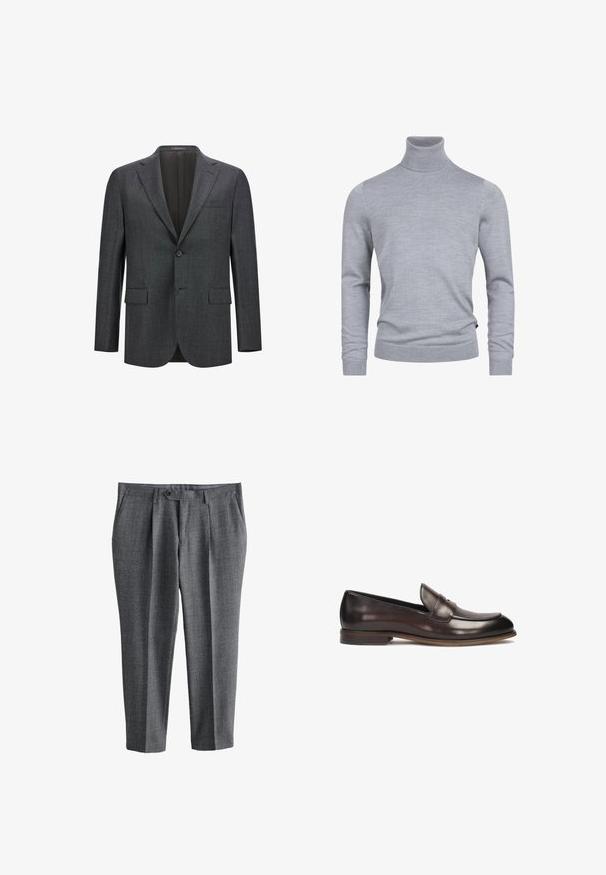 Blazer ajustado gris oscuro con solapa con muesca, cierre de un solo botón, dos bolsillos frontales y forro interior liso. Tejido texturizado.; Suéter gris de cuello tortuga hecho de un suave tejido de punto. Cuenta con mangas largas y un diseño ajustado con puños y dobladillo acanalados. Textura simple y suave.; Pantalones de vestir a medida para hombre en gris con cierre frontal de botón y cremallera, bolsillos laterales y corte recto.; Mocasines de cuero marrón oscuro con punta redondeada, detalle de costura elevada y un pequeño tacón. Textura suave y diseño clásico.