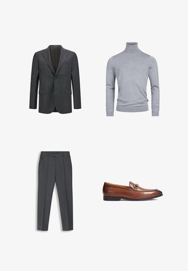 Mørkegrå skræddersyet blazer med reveslag, enkelt knaplukning, to frontlommer og glat inderfor. Struktureret stof.; Grå turtleneck sweater lavet af et blødt strikket stof. Har lange ærmer og en tætsiddende design med ribbede manchetter og kant. Enkel, glat tekstur.; Mørkegrå, skræddersyede herrebukser med for-plocher, bæltestropper, sidelommer og lukning i taljen med knap.; Brune læder loafers med rund tå, syningsdetaljer og en dekorativ metalspændeaccent foran. Gummisol.