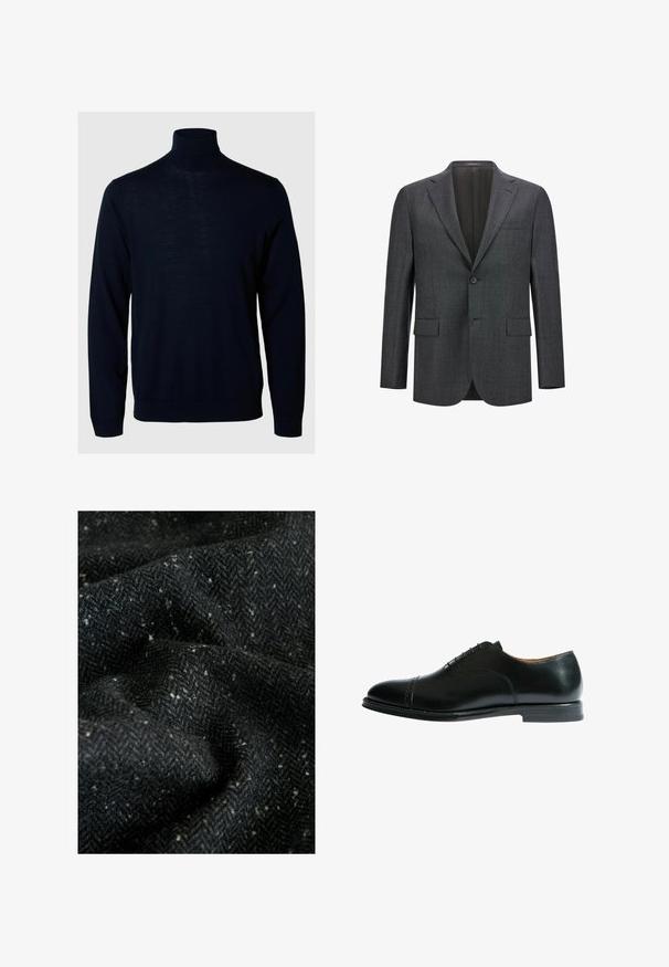 Mørkegrå skræddersyet blazer med reveslag, enkelt knaplukning, to frontlommer og glat inderfor. Struktureret stof.; Marineblå sweater med høj hals, lange ærmer, ribbede manchetter og kant, lavet af blødt stof med en glat tekstur og minimalistisk design.; Uldstof i et fiskebensmønster, primært mørkegrå med lyse spidser. Teksturen virker blød og lidt fuzzy.; Scarosso BEAUMONT - Business sko - black calf