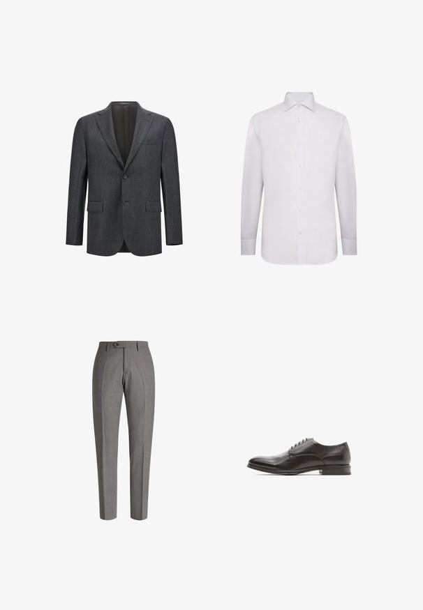 Blazer ajusté gris foncé avec un revers cranté, fermeture à un bouton, deux poches avant et une doublure intérieure lisse. Tissu texturé.; Chemise blanche à manches longues en tissu lisse. Dotée d'un col classique, d'une fermeture à boutons sur toute la longueur et de poignets à boutons. Pas de motifs ni d'accents.; Pantalons gris ajustés avec une finition texturée, coupe slim, pli avant et fermeture à un bouton à la taille.; Chaussure habillée en cuir noir avec un orteil arrondi, texture lisse, laçage à six œillets et talon plat avec un léger éclat.