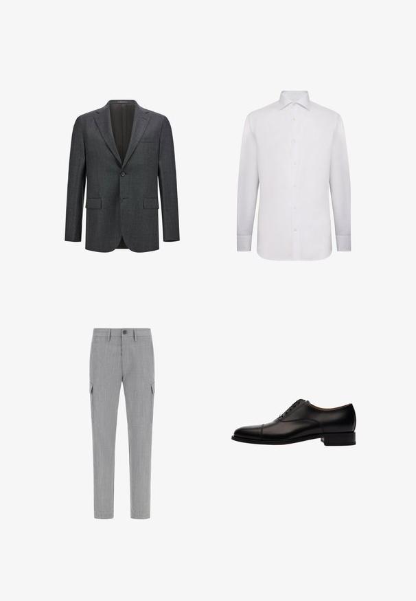 Blazer ajusté gris foncé avec un revers cranté, fermeture à un bouton, deux poches avant et une doublure intérieure lisse. Tissu texturé.; Chemise blanche à manches longues en tissu lisse. Dotée d'un col classique, d'une fermeture à boutons sur toute la longueur et de poignets à boutons. Pas de motifs ni d'accents.; Pantalons cargo gris en tissu texturé, dotés de poches latérales, d'une fermeture à bouton et d'une coupe fuselée.; Chaussure noire en cuir à lacets avec un bout arrondi, détail de bout capitonné et un petit talon bloc. Texture lisse avec des accents de couture subtils.