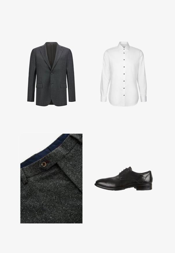 Mørkegrå skræddersyet blazer med reveslag, enkelt knaplukning, to frontlommer og glat inderfor. Struktureret stof.; Hvid skjorte med lange ærmer med sorte knapper, klassisk krave og knapmanchetter vist på en ensfarvet baggrund.; Grå uldblandede bukser med en spottet tekstur. Har en spids talje, knaplukning og marineblå inderside.; Sorte lædersko med glat overflade, rund tå, snørebåndsdesign og lav stablet hæl. Der er subtile syninger, der kan ses.