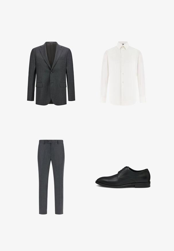 Mørkegrå skræddersyet blazer med reveslag, enkelt knaplukning, to frontlommer og glat inderfor. Struktureret stof.; Hvid herreskjorte med lange ærmer, spidst krave og knaplukning foran, vist på en hvid baggrund.; Mørkegrå skræddersyede bukser i en tekstureret uldblanding, med flad front, sidelommer og enkelt knaplukning. Slim fit design.; Sorte lædersko med en glat overflade, rund tå og fem huller til snøring samt diskrete syninger som detaljer.