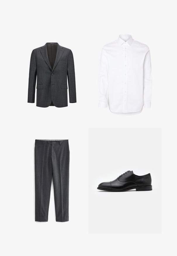 Donkergrijze op maat gemaakte blazer met een notch lapel, enkele knoopsluiting, twee voorzakken en een gladde voering. Getextureerde stof.; Witte blouse met lange mouwen, klassieke kraag en manchetten met knopen.; Grijze op maat gemaakte broek met een gestructureerd patroon, twee voorzakken, riemlussen en een enkele knoopsluiting in de taille.; Zwarte leren dresschoenen met een ronde neus, vetersluiting en subtiele stikseldetails. Voorzien van een lage hak en een gladde textuur.