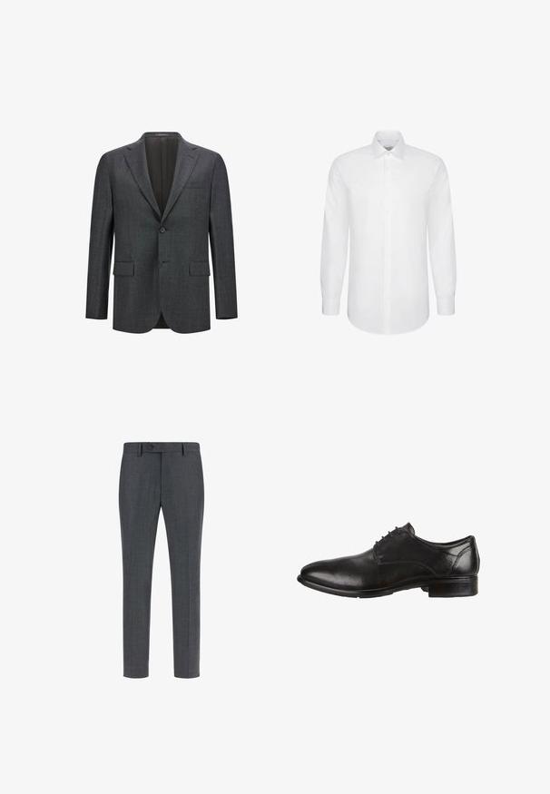 Mørkegrå skræddersyet blazer med reveslag, enkelt knaplukning, to frontlommer og glat inderfor. Struktureret stof.; Hvid skjorte med lange ærmer med knapper foran og en spids krave, vist på en ensfarvet baggrund.; Mørkegrå skræddersyede bukser i en tekstureret uldblanding, med flad front, sidelommer og enkelt knaplukning. Slim fit design.; Sorte lædersko med glat overflade, rund tå, snørebåndsdesign og lav stablet hæl. Der er subtile syninger, der kan ses.