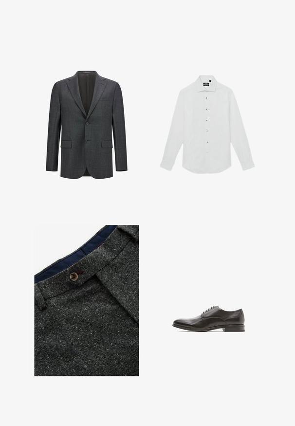 Mørkegrå skræddersyet blazer med reveslag, enkelt knaplukning, to frontlommer og glat inderfor. Struktureret stof.; Hvid langærmet skjorte med almindelig krave, der har sorte knapper foran og knapmanchetter. Glat stofstruktur.; Grå uldblandede bukser med en spottet tekstur. Har en spids talje, knaplukning og marineblå inderside.; Sorte læder dresssko med rund tå, glat overflade, seks øjer til snøring, og en flad hæl med en let glans.