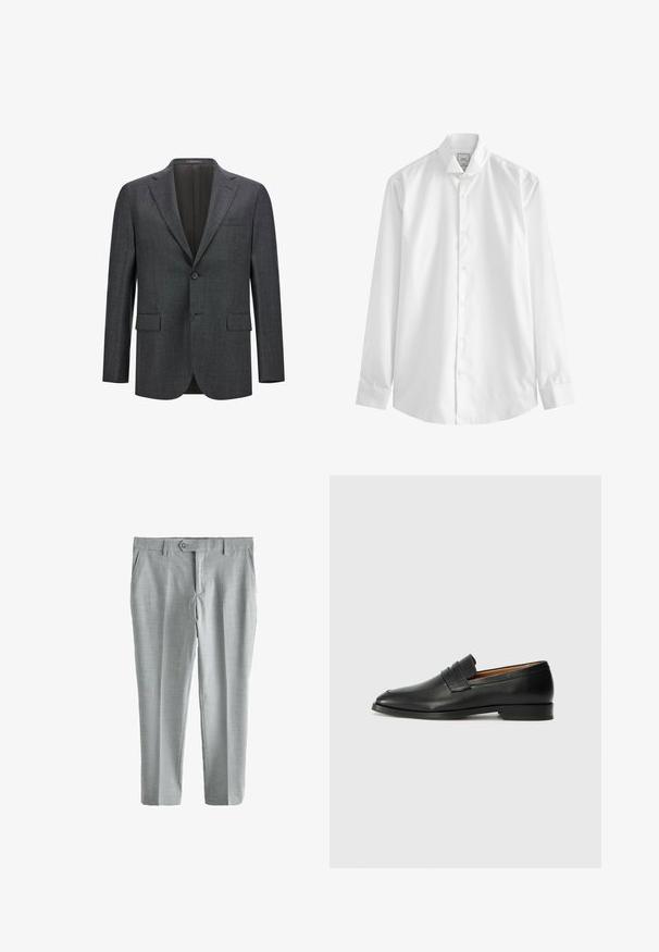 Mørkegrå skræddersyet blazer med reveslag, enkelt knaplukning, to frontlommer og glat inderfor. Struktureret stof.; Hvid langærmet skjorte lavet af bomuld, med klassisk krave, knaplukning foran og fængselsmanchetter med enkelt knapdetalje. Glat tekstur.; Next SLIM FIT MOTIONFLEX TEXTURED - Habitbukser - grey; Sort læder loafer med rund tå, diskret syning, og lav hæl, der har en glat tekstur og minimalistisk design.