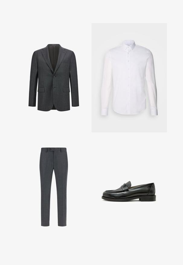 Blazer ajusté gris foncé avec un revers cranté, fermeture à un bouton, deux poches avant et une doublure intérieure lisse. Tissu texturé.; Chemise blanche à manches longues en coton, dotée d'un col classique, de boutons à l'avant et de détails de couture minimalistes.; Pantalons ajustés gris foncé en laine mélangée texturée, avec une taille plate, des poches latérales et une fermeture à bouton unique. Design slim fit.; Mocassin en cuir noir avec une pièce en cuir texturé noir, bout rond et petit talon carré ; présente un détail métallique décoratif.