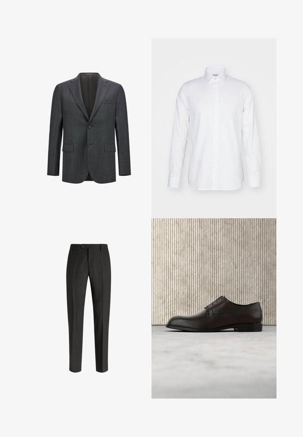Dunkelgrauer taillierter Blazer mit Reverskragen, Ein-Knopf-Verschluss, zwei vorderen Taschen und glattem Innenfutter. Strukturiertes Gewebe.; Langärmliges weißes Hemd aus Baumwolle, mit Kragen, Knopfleiste und taillierter Passform sowie seitlichen Schlitzen am Saum.; Boggi Milano Chino - charcoal; Braune Leder-Dressschuhe mit runder Spitze, minimaler Naht und glattem Finish. Verfügt über einen niedrigen Absatz und ein einfaches Schnürdesign.
