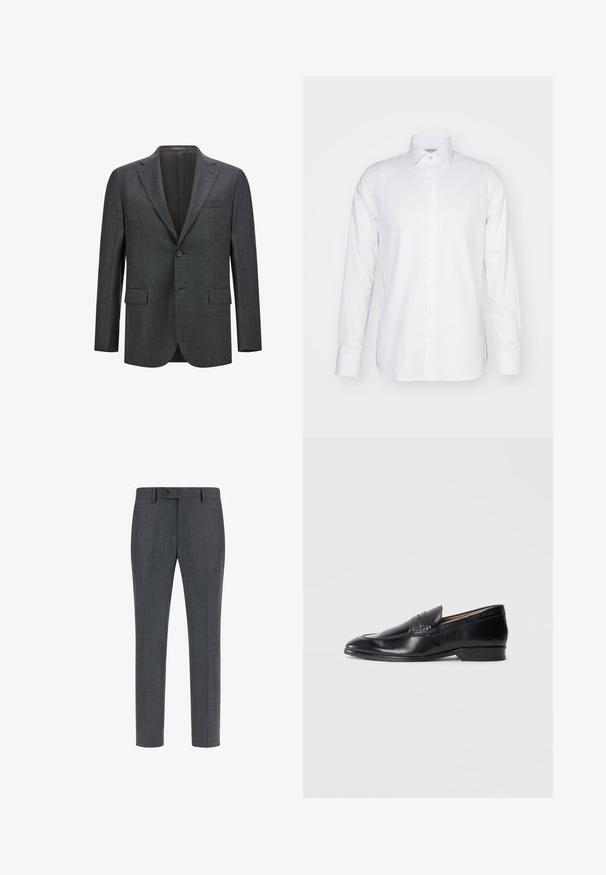 Mørkegrå skræddersyet blazer med reveslag, enkelt knaplukning, to frontlommer og glat inderfor. Struktureret stof.; Langærmet hvid skjorte i bomuld med krave, knaplukning foran og skræddersyet pasform med sideslids ved kanten.; Mørkegrå skræddersyede bukser i en tekstureret uldblanding, med flad front, sidelommer og enkelt knaplukning. Slim fit design.; Sorte læderslipper med en glat overflade, spidse tæer og subtil stikningsdetalje. Har en flad hæl og prægede logo på siden.