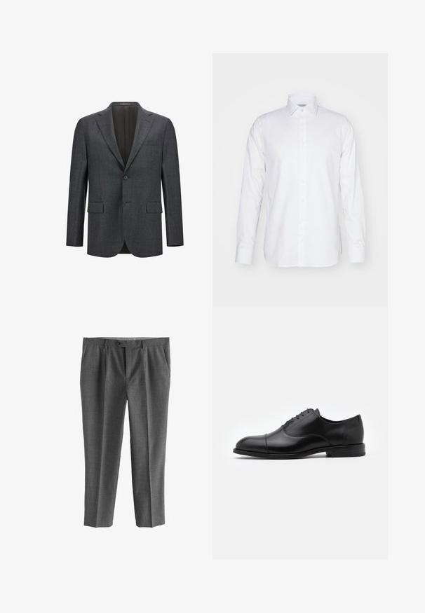 Donkergrijze op maat gemaakte blazer met een notch lapel, enkele knoopsluiting, twee voorzakken en een gladde voering. Getextureerde stof.; Witte blouse met lange mouwen van katoen, voorzien van een kraag, knopen aan de voorkant en een getailleerde snit met zijsplitten aan de onderkant.; Grijze broek van gestructureerde stof, met een rechte pijp, voorzakken en een knoopsluiting.; Zwarte leren dresschoenen met een ronde neus, vetersluiting en subtiele stikseldetails. Voorzien van een lage hak en een gladde textuur.