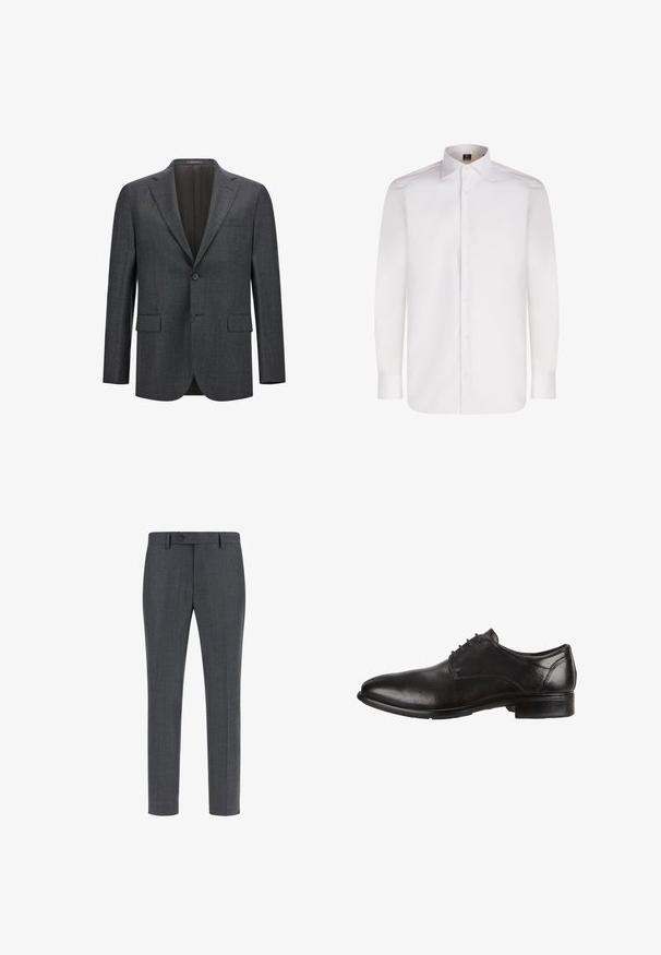 Donkergrijze op maat gemaakte blazer met een notch lapel, enkele knoopsluiting, twee voorzakken en een gladde voering. Getextureerde stof.; Witte lange mouw blouse met een gladde stof, klassieke kraag en een afgeronde zoom, met knopen aan de voorkant en manchetten.; Donkergrijze gep tailored broeken van een gestructureerde wolmix, met een vlakke voorkant, zijzakken en een sluiting met één knoop. Slim fit ontwerp.; Zwarte leren dresschoenen met een gladde afwerking, ronde neus, vetersluiting en een lage gestapelde hak. Subtiele stikselaccenten zichtbaar.