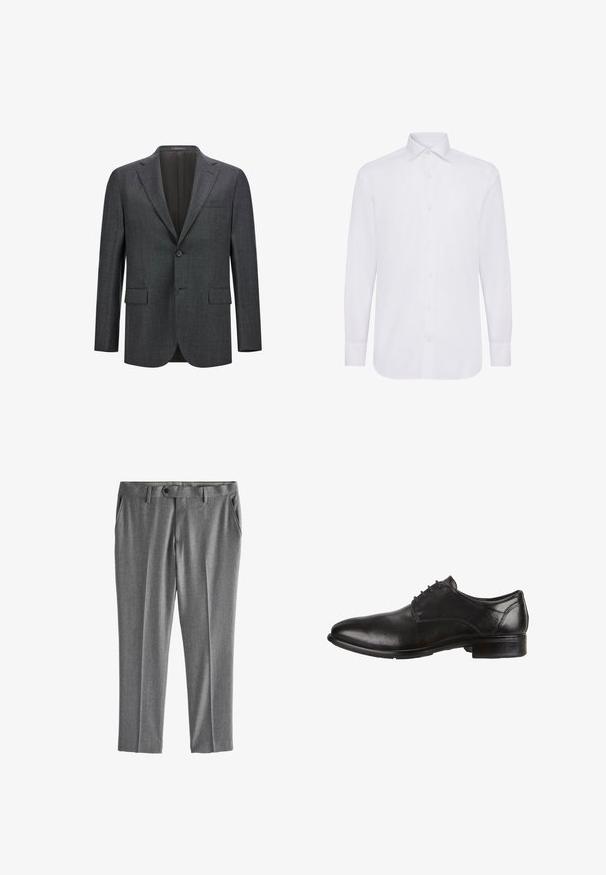 Dunkelgrauer taillierter Blazer mit Reverskragen, Ein-Knopf-Verschluss, zwei vorderen Taschen und glattem Innenfutter. Strukturiertes Gewebe.; Weißes Langarmhemd mit klassischem Kragen, Knopf-Leiste und geradem Saum. Hergestellt aus glattem Baumwollstoff.; Graue formelle Hose mit Gürtelschlaufen, Frontknopfverschluss und Seitentaschen, flach auf weißem Hintergrund dargestellt.; Schwarze Leder-Dressschuhe mit glatter Oberfläche, runder Zehenform, Schnürdesign und niedrigem, gestapeltem Absatz. Dezente Nähte sind sichtbar.