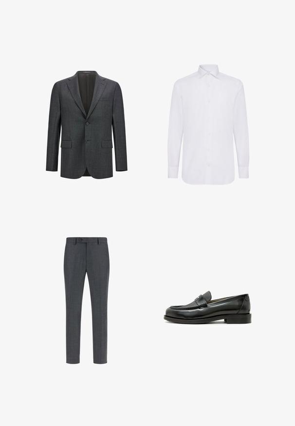 Donkergrijze op maat gemaakte blazer met een notch lapel, enkele knoopsluiting, twee voorzakken en een gladde voering. Getextureerde stof.; Witte lange mouwen dress-shirt met een klassieke kraag, knoopsluiting en rechte zoom. Gemaakt van soepele katoenen stof.; Donkergrijze gep tailored broeken van een gestructureerde wolmix, met een vlakke voorkant, zijzakken en een sluiting met één knoop. Slim fit ontwerp.; Zwarte leren loafer met een textuuraccent van zwart leer, ronde neus en een lage blokhak; beschikt over een decoratief metallic detail.