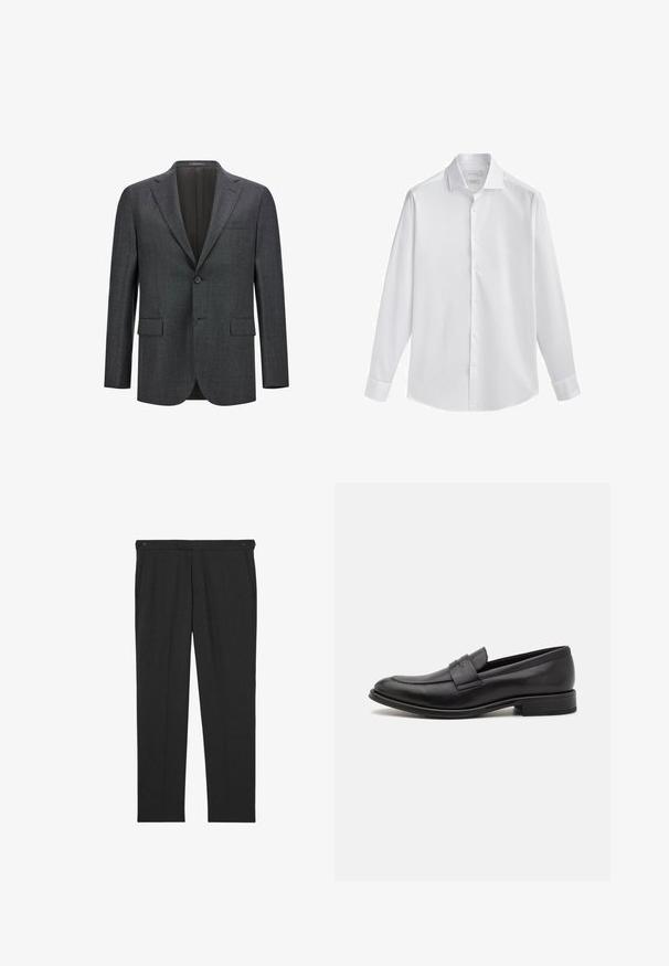 Mørkegrå skræddersyet blazer med reveslag, enkelt knaplukning, to frontlommer og glat inderfor. Struktureret stof.; Hvid langærmet skjorte med knapper og spread krave, lavet af glat stof. Har en lige afslutning og enkeltknapsmanchetter.; Mørkegrå bukser lavet af tekstureret stof med to forlommer og to knapper ved linningen til lukning. Fladt frontdesign.; Sort læderloafer med en glat finish, en dekorativ rem over vristen, rund tå og en lav stablet hæl.