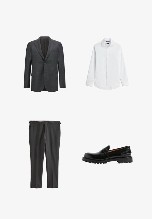 Dunkelgrauer taillierter Blazer mit Reverskragen, Ein-Knopf-Verschluss, zwei vorderen Taschen und glattem Innenfutter. Strukturiertes Gewebe.; Weißes langärmeliges Hemd mit Knopfleiste, klassischem Kragen und geknöpften Manschetten, flach auf weißem Hintergrund dargestellt.; Dunkelgraue, maßgeschneiderte Hosen mit glatter Textur, Knopfverschluss, Gürtelschlaufen und seitlichen Taschen. Flacher Schnitt mit klaren Falten.; Schwarze Lederloafers mit einer bequemen Silhouette, strukturierten Details im Obermaterial und einer robusten schwarzen Gummisohle.