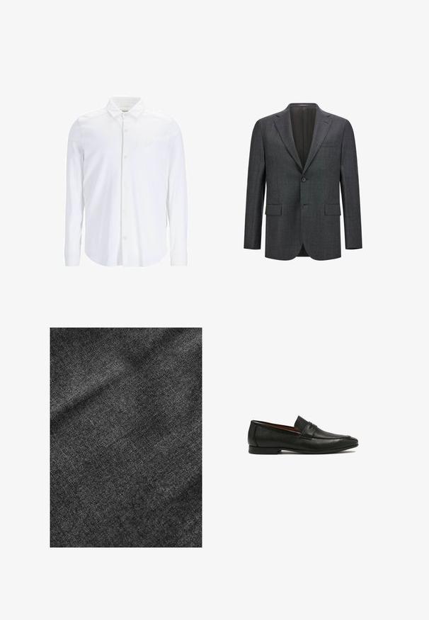 Blazer ajustado gris oscuro con solapa con muesca, cierre de un solo botón, dos bolsillos frontales y forro interior liso. Tejido texturizado.; Camisa blanca de manga larga y botón, hecha de tejido suave, con un cuello clásico, placket frontal y un sutil acento de logo en el pecho.; Tejido negro texturizado con una superficie suave y ligeramente brillante, que muestra un sutil patrón de tejido y un caída suave.; Mocasines de cuero negro con un acabado texturizado, que cuentan con una correa decorativa y una suela baja y plana. Diseño elegante con punta afilada.