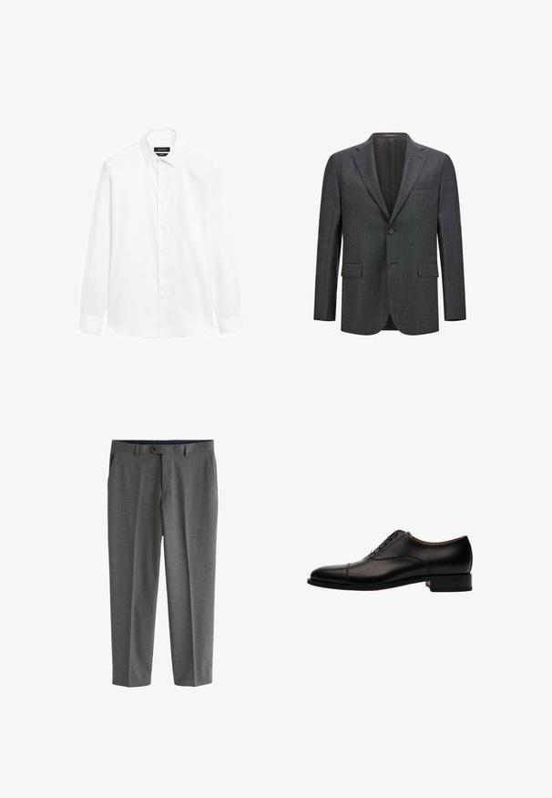 Donkergrijze op maat gemaakte blazer met een notch lapel, enkele knoopsluiting, twee voorzakken en een gladde voering. Getextureerde stof.; Witte overhemd met een button-down kraag, lange mouwen en een knoopsluiting aan de voorkant. De stof lijkt soepel met een lichte glans.; Grijze, op maat gemaakte herenkledingbroek met zijzakken, riemlussen en een knoopsluiting in de taille.; Zwarte leren veterschoen met een ronde neus, cap toe-detail en een lage blokhak. Soepele textuur met subtiele stikselaccenten.