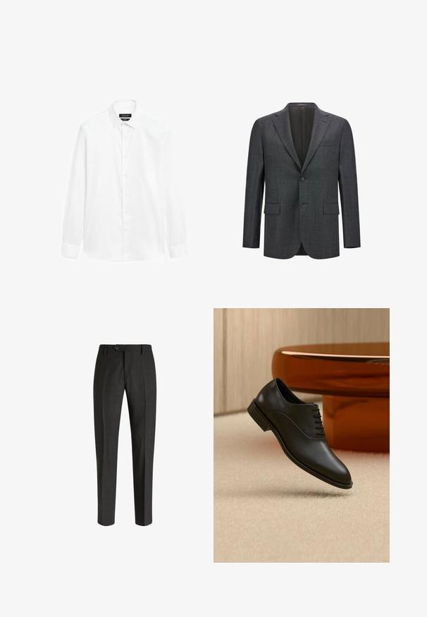 Mørkegrå skræddersyet blazer med reveslag, enkelt knaplukning, to frontlommer og glat inderfor. Struktureret stof.; Hvid skjorte med button-down krave, lange ærmer og front knaplukning. Stoffet fremstår glat med en let glans.; Boggi Milano Chino - charcoal; Sort poleret læder snøresko til fest, der svæver over beige tæppe, med stort rundt glasbord i ravfarve i baggrunden.
