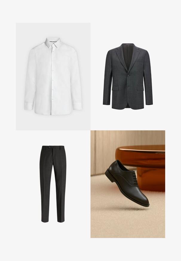 Blazer ajustado gris oscuro con solapa con muesca, cierre de un solo botón, dos bolsillos frontales y forro interior liso. Tejido texturizado.; Camisa blanca de vestir de manga larga con cuello abierto y puños abotonados, mostrada de frente sobre un fondo liso gris claro.; Boggi Milano Pantalones chinos - charcoal; Zapato de vestir negro de cuero pulido con cordones flotando sobre una alfombra beige, con una gran mesa de cristal redonda de color ámbar al fondo.
