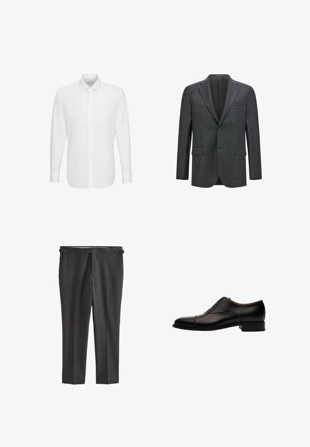 Donkergrijze op maat gemaakte blazer met een notch lapel, enkele knoopsluiting, twee voorzakken en een gladde voering. Getextureerde stof.; Witte lange mouwen overhemd met knoopsluiting aan de voorkant en klassieke kraag, weergegeven tegen een effen witte achtergrond.; Donkergrijze op maat gemaakte broek met een gladde textuur, knoopsluiting, riemlussen en zijzakken. Heeft een platte voorkant met scherpe plooien.; Zwarte leren veterschoen met een ronde neus, cap toe-detail en een lage blokhak. Soepele textuur met subtiele stikselaccenten.