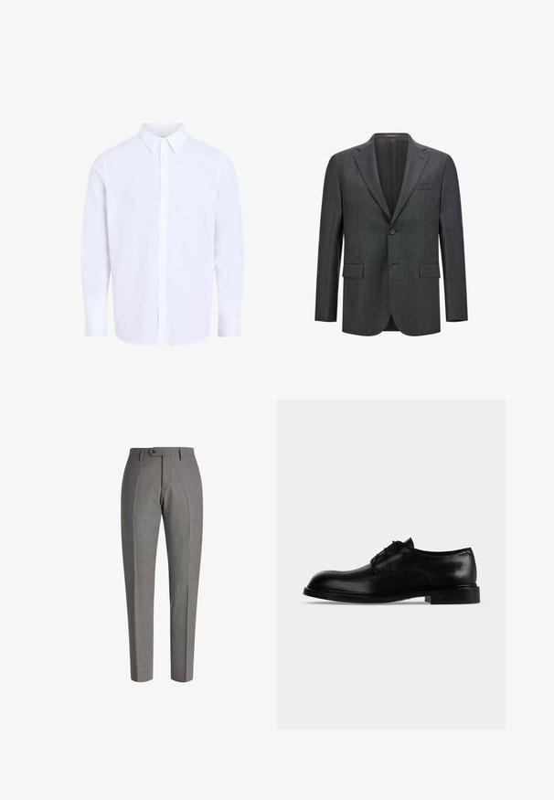 Blazer ajusté gris foncé avec un revers cranté, fermeture à un bouton, deux poches avant et une doublure intérieure lisse. Tissu texturé.; Chemise blanche à manches longues avec col classique, en tissu lisse, avec une patte de boutonnage devant et un ourlet arrondi.; Pantalons gris ajustés avec une finition texturée, coupe slim, pli avant et fermeture à un bouton à la taille.; Chaussure habillée pour homme en cuir noir poli à lacets, avec un petit talon et un bout simple, présentée en profil sur fond blanc.