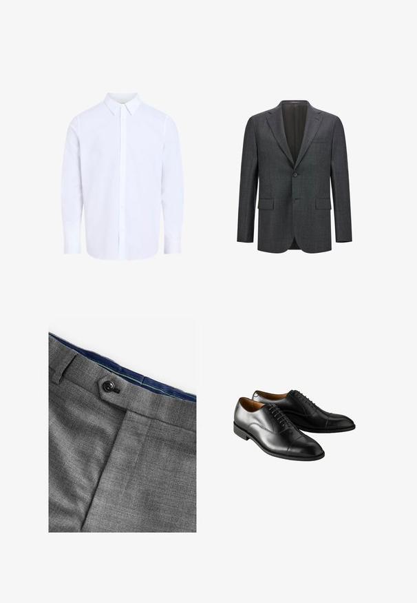 Mørkegrå skræddersyet blazer med reveslag, enkelt knaplukning, to frontlommer og glat inderfor. Struktureret stof.; Hvid, langærmet skjorte med knapper, klassisk krave, lavet af glat stof, med knapstolpe foran og afrundet kant.; Next Habitbukser - grey; Sorte læder dress sko med en glat overflade, rund tå og dekorativ snørering. Har en lav hæl og kontrasterende syninger langs sålen.