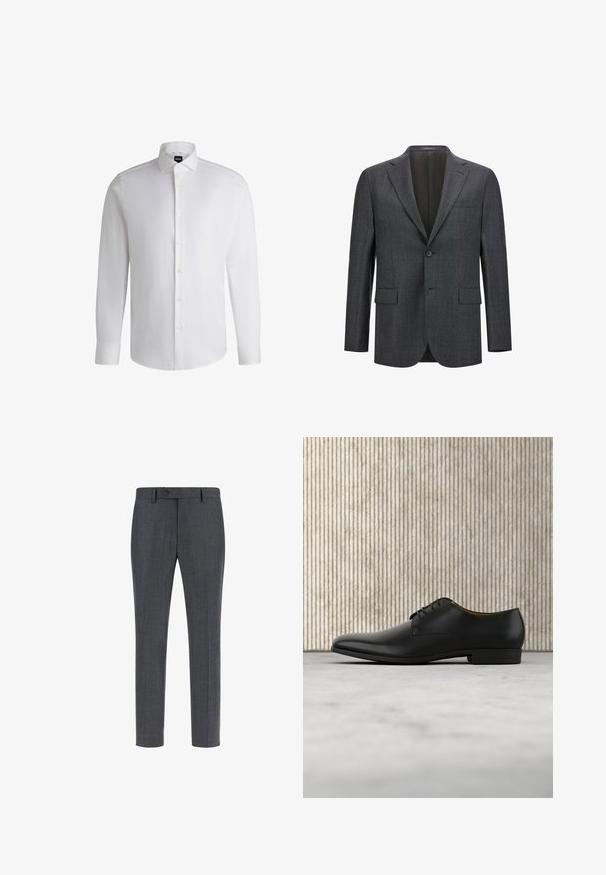 Mørkegrå skræddersyet blazer med reveslag, enkelt knaplukning, to frontlommer og glat inderfor. Struktureret stof.; Hvid langærmet skjorte lavet af glat bomuld, med klassisk krave, fuld knaplukning og knapmanchetter. Minimalistisk design.; Mørkegrå skræddersyede bukser i en tekstureret uldblanding, med flad front, sidelommer og enkelt knaplukning. Slim fit design.; Sorte læderdress sko med en glat finish, rund tå, lav hæl og snørelukning. Har minimalistiske detaljer for et elegant udseende.