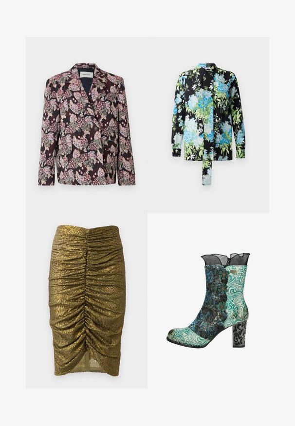 Blomstret dobbeltradet blazer i sort, med lyserøde og blå mønstre, hakkede revers, to forlommer og sorte knapper.; Blomstret bluse med sort baggrund og blå og grønne blomster mønstre, lange ærmer og stående krave. Indeholder en bånddetalje.; Gul pailletteret blyantskirt med rynket detaljer foran og bagpå, med en tekstureret overflade og en kant der bliver smallere mod bunden.; Ankelstøvle med et mønstret overdel i turkis og sort, blomstrede detaljer og en sort blondekant. Har en dekorativ høj hæl med intrikat design.