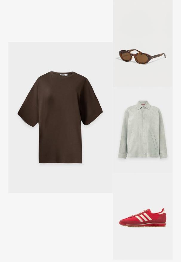Chaqueta de ante gris claro con botones en el frente, cuello puntiagudo, mangas largas y bolsillos laterales inclinados sobre un fondo liso.; Camiseta marrón de manga corta oversize con cuello redondo, mostrada sobre un fondo liso de color gris claro.; Zapatilla deportiva roja con parte superior texturizada, tres rayas blancas, puntera redonda y suela de goma con detalles del logo en el costado.; Gafas de sol ovaladas con montura carey y lentes tintadas marrones sobre una superficie blanca plana.