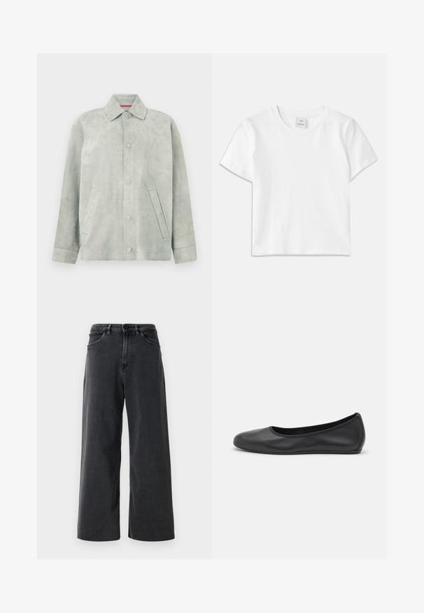 Veste en daim gris clair avec fermeture à boutons, col pointu, manches longues et poches latérales inclinées sur un fond uni.; T-shirt en coton blanc avec un col rond, des manches courtes et un ourlet droit. Étiquette marquée "Won Hundred" au centre de l'encolure.; Jean en denim large noir avec bouton et fermeture éclair à l'avant, passants de ceinture et poches avant sur un fond blanc uni.; Ballerines en cuir noir avec un bout rond, texture lisse, détails de couture minimalistes et design de semelle flexible.