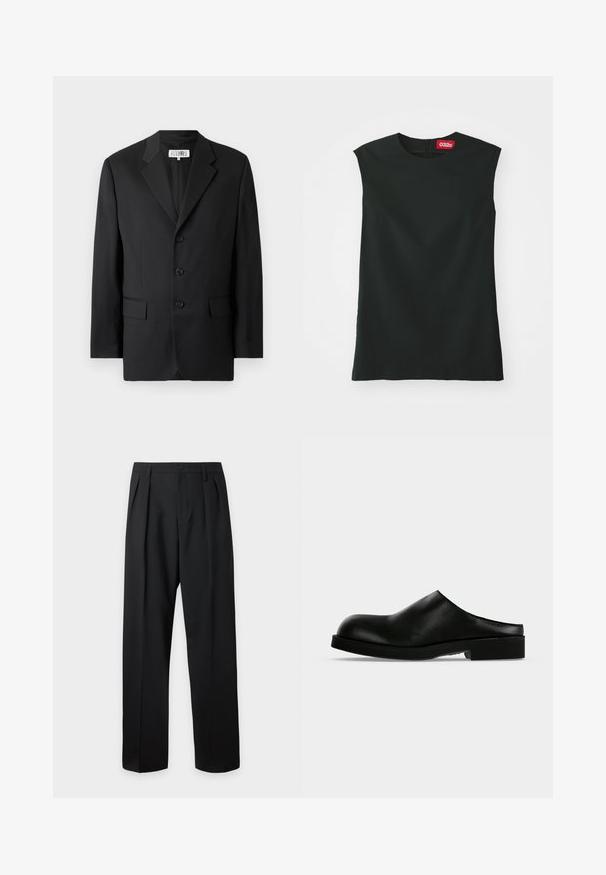 Blazer noir en tissu lisse, avec un col cranté, trois boutons à l'avant et deux poches avant. Design classique et ajusté.; Un haut sans manches noir avec un col rond, en tissu lisse, et une fermeture éclair au dos. Il présente une petite étiquette rouge avec le logo "032c" au niveau du cou.; Pantalon noir taille haute, sur-mesure, avec passants pour ceinture, plis sur le devant, fermeture par bouton et jambes droites larges sur fond clair.; Mule en cuir noir à enfiler avec bout arrondi et petit talon carré sur un fond clair uni.