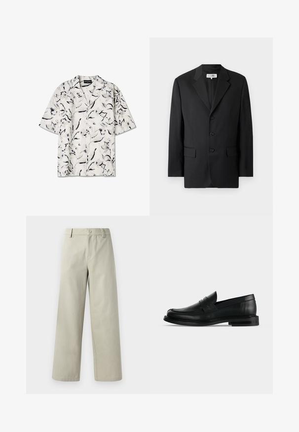 Zwarte blazer van een soepele stof, met een notched lapel, drie knopen aan de voorkant en twee zakken aan de voorkant. Klassiek op maat gemaakt ontwerp.; Korte mouw, open-kraag shirt met een witte basis en zwarte en grijze bloemenpatronen. Lichtgewicht stof met knoopdetails.; Han Kjøbenhavn WIDE LEG - Broek - light grey; Zwarte leren heren penny loafer met lage gestapelde hak en afgeronde neus, zijaanzicht op lichte grijze achtergrond.