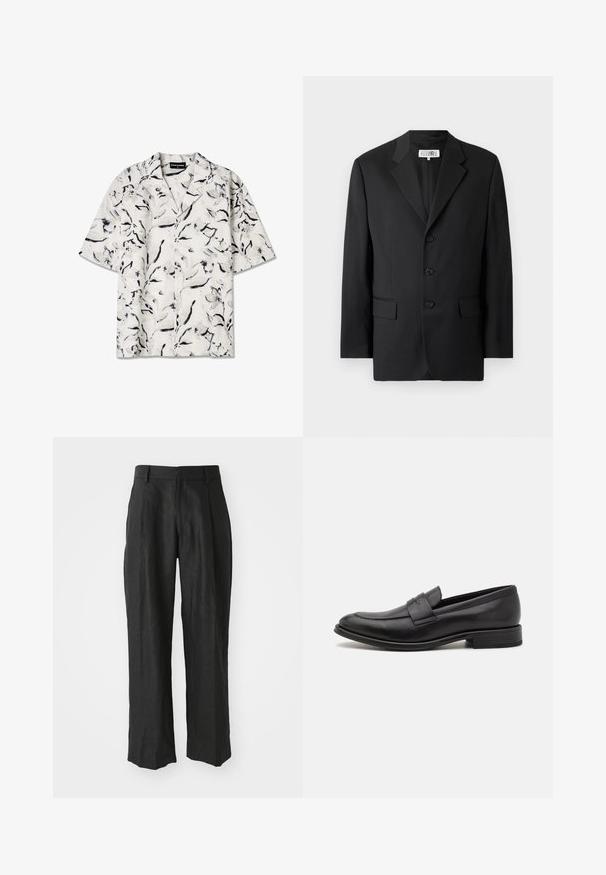 Sort blazer lavet af glat stof, med en slagkrave, tre frontknapper og to frontlommer. Klassisk skræddersyet design.; Kortærmet skjorte med åben krave i hvid base med sorte og grå blomsterede mønstre. Letvægtsstof med knapdetaljer.; Sorte linnedragter med lige ben, der har særlige folder foran og en glat tekstureret finish.; Sort læderloafer med en glat finish, en dekorativ rem over vristen, rund tå og en lav stablet hæl.