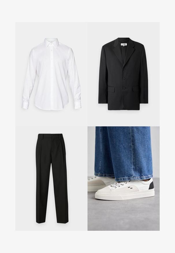 Sort blazer lavet af glat stof, med en slagkrave, tre frontknapper og to frontlommer. Klassisk skræddersyet design.; Hvid langærmet skjorte med knaplukning, klassisk krave, glat stof og frontplacket med lette, rundede knapper.; Sorte skræddersyede bukser lavet af glat stof. Har lige ben, enkelt knappelukning og bæltestropper. Ingen synlige mønstre eller accenter.; Hvide og sorte sneakers med en glat læderoverdel, teksturerede detaljer og en kraftig hvid sål. Har et klassisk snørebåndsdesign.