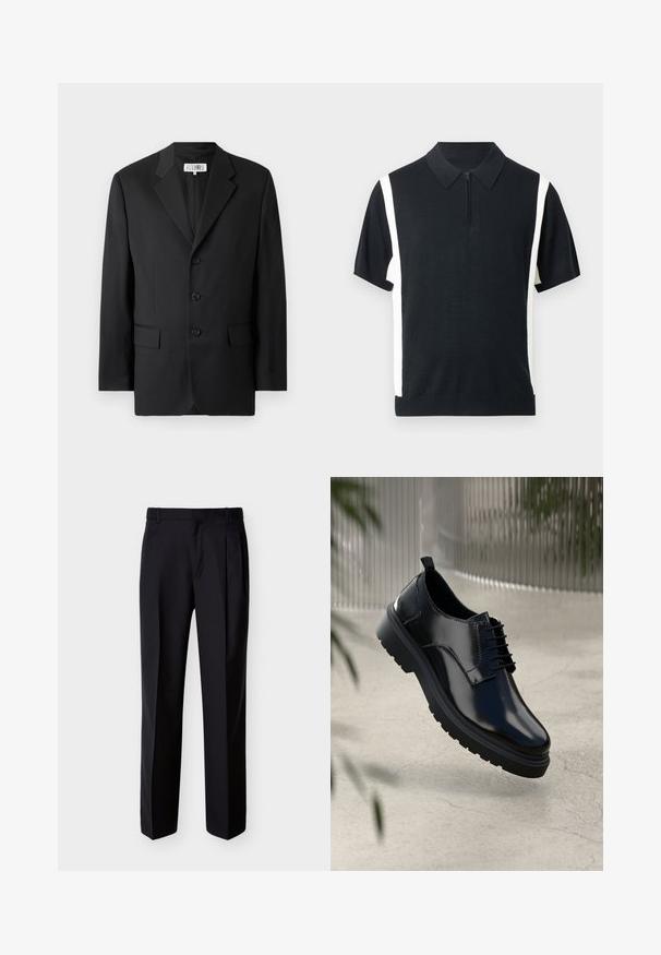 Sort blazer lavet af glat stof, med en slagkrave, tre frontknapper og to frontlommer. Klassisk skræddersyet design.; Sort kortærmet polo med lynlås ved halsen, med hvide sidelæder og ribbet kant. Stofkvaliteten har en glat tekstur og en tætsiddende pasform.; Sorte skræddersyede bukser med lige snit, foldet forstykke og sidelommer. Fremstillet af et glat, let stof med et ensartet mønster.; Sorte lædersko med en blank overflade, rund tå, snøredesign, kontrastsyninger og en tyk gummisål med mønster.