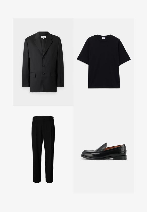 Blazer negro confeccionado en tejido suave, con solapas de pico, tres botones frontales y dos bolsillos frontales. Diseño clásico y entallado.; Camiseta oversized de manga corta en negro con escote redondo y etiqueta de la marca Filippa K visible en el interior del cuello.; Pantalones formales negros con trabillas para cinturón, botón frontal y cierre de cremallera, mostrados sobre fondo blanco.; Mocasín negro de cuero pulido, tipo slip-on, con tacón bajo y detalles cosidos a lo largo de la puntera y los costados, mostrado de lado.