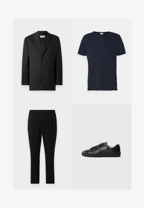 Blazer noir en tissu lisse, avec un col cranté, trois boutons à l'avant et deux poches avant. Design classique et ajusté.; T-shirt en coton bleu marine avec un col rond et des manches courtes, présentant une texture lisse et un design simple, sans motifs ni accents visibles.; CLOSED VIGO TAPERED - Chino - dark night; Baskets en cuir noir avec une texture lisse, bout rond et fermeture à lacets. Comprend une semelle en caoutchouc épaisse et un minimum de détails de marque.