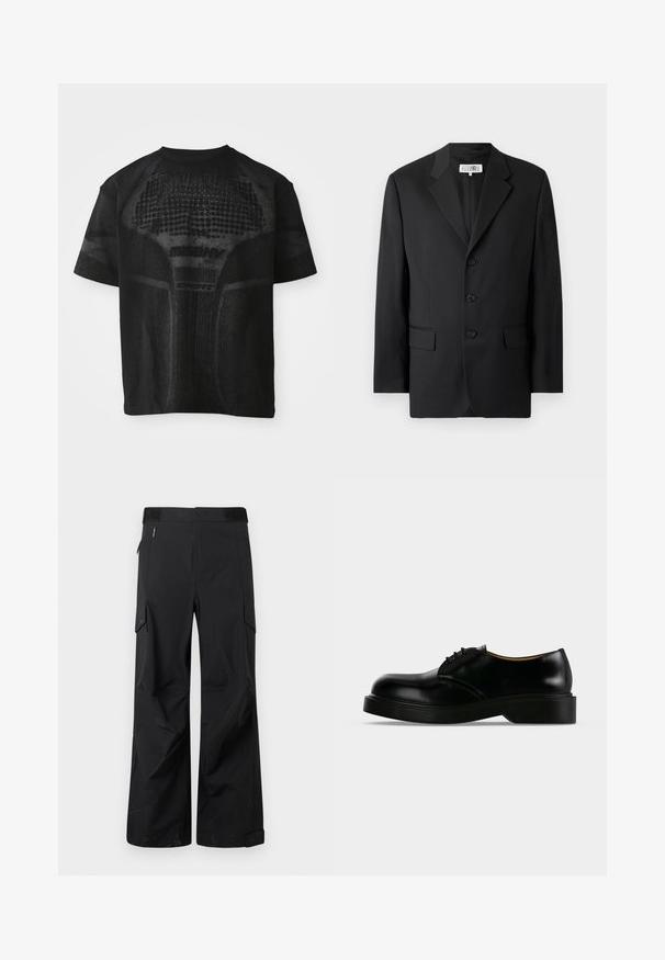 Sort blazer lavet af glat stof, med en slagkrave, tre frontknapper og to frontlommer. Klassisk skræddersyet design.; Sort sport T-shirt med korte ærmer og struktureret mønster samt diskret "MISBHV SPORT" tekst på fronten.; Sorte cargo-bukser lavet af et glat, vandafvisende stof. Har brede ben, flere sidelommer og en flad talje med diskret branding.; Sort poleret læder snørestøvle med tyk sål, rundet tå og lav hæl, vist fra siden på en ensfarvet baggrund.