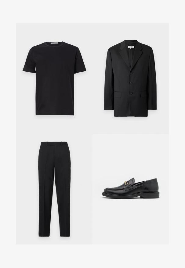 Zwarte blazer van een soepele stof, met een notched lapel, drie knopen aan de voorkant en twee zakken aan de voorkant. Klassiek op maat gemaakt ontwerp.; Zwarte katoenen t-shirt met een ronde hals, korte mouwen en een gladde textuur. Heeft een zichtbaar merketiket bij de hals.; Theory STRAIGHT - Broek - deep black; Zwarte leren instappers met een ronde neus, voorzien van een gouden hardware accent en stikdetails, geplaatst op een lage, getextureerde rubberen zool.