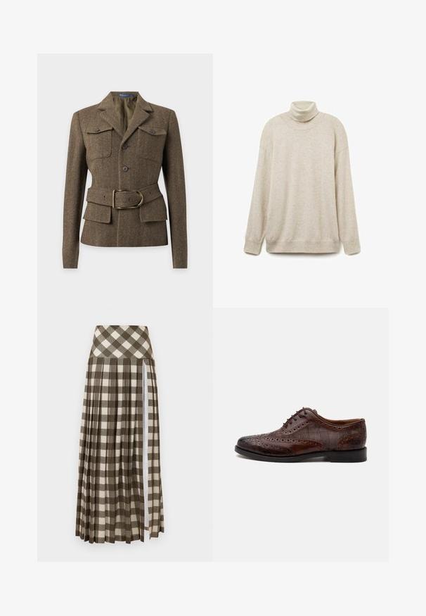 Brun fiskegrøn uldjakke med revers, to brystlommer med knapper, forreste knapper og et matchende bælte med en guldlås.; Beige turtleneck sweater lavet af blødt stof, med en afslappet pasform, ribbet hals, manchetter og kant. Enkel, struktureret overflade uden mønstre.; Lang, plisseret nederdel med et brunt og beige ternet mønster. Høj talje-design med en sideslids og blød stoftekstur.; Brun læder herre wingtip selskabssko med brogue-detaljer og ternede stofsider, vist fra siden på en hvid baggrund.