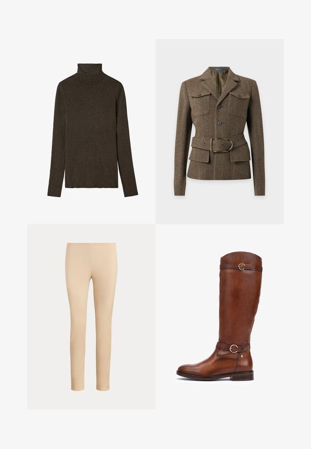Brun fiskegrøn uldjakke med revers, to brystlommer med knapper, forreste knapper og et matchende bælte med en guldlås.; Mørkebrunt turtleneck top lavet af blød, struktureret stof. Har lange ærmer og en tætsiddende pasform, med en glat halsudskæring.; Beige slim-fit ankellange bukser med en glat finish og uden synlige lommer eller pynt på en ensfarvet baggrund.; Brune læderstøvler til knæene med en glat finish, en rundt tå, et dekorativt bælte med en cirkulær spænde, og en lav stablet hæl.