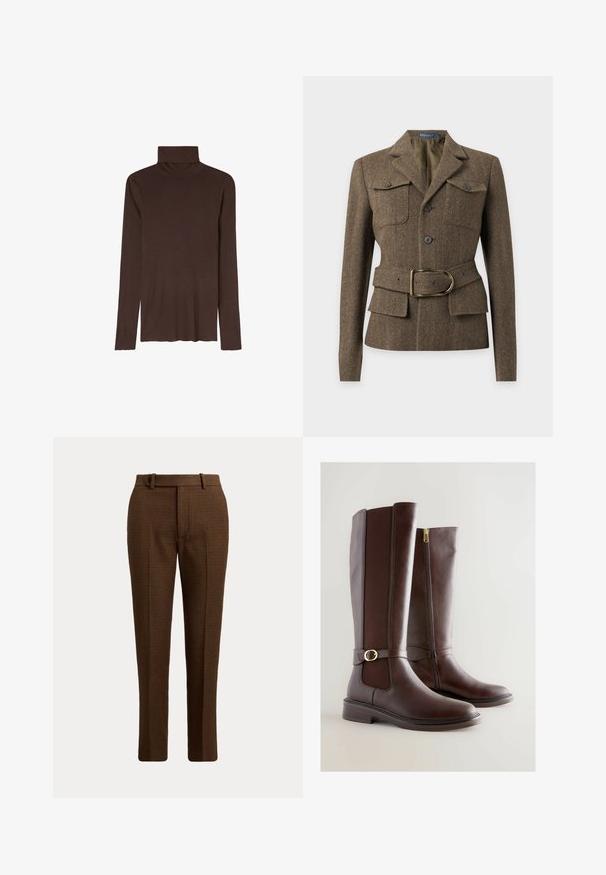 Brun fiskegrøn uldjakke med revers, to brystlommer med knapper, forreste knapper og et matchende bælte med en guldlås.; Brun langærmet turtleneck-shirt med tætsiddende pasform, glat tekstur og uden synlige mønstre eller pynt.; Brune ternede skræddersyede bukser med bæltestropper og lukning foran med knap, vist mod en ensfarvet lys baggrund.; Brune læderknæhøje støvler med et tekstureret panel, sidelukning og detalje i guldfarvet spænde. Rund tå og lav blokhæl-design.