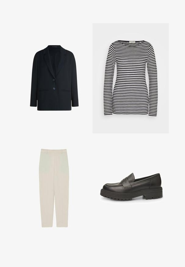 Sort blazer til kvinder med hakkede revers, to knapper, lange ærmer og to forlommer, mærket Betty Barclay indeni kraven.; Langærmet top i bomuld med vandrette marineblå og hvide striber, rund hals, slank pasform, med en glat tekstur og minimalistisk design.; Beige lige benbukser med en glat tekstur, der har høj talje, frontfoldsdetaljer og rene linjer for en skræddersyet pasform.; Sorte læder loafers med rund tå, fremtrædende syninger og en ribbede gummisål for forbedret traction. Klassisk slip-on design.