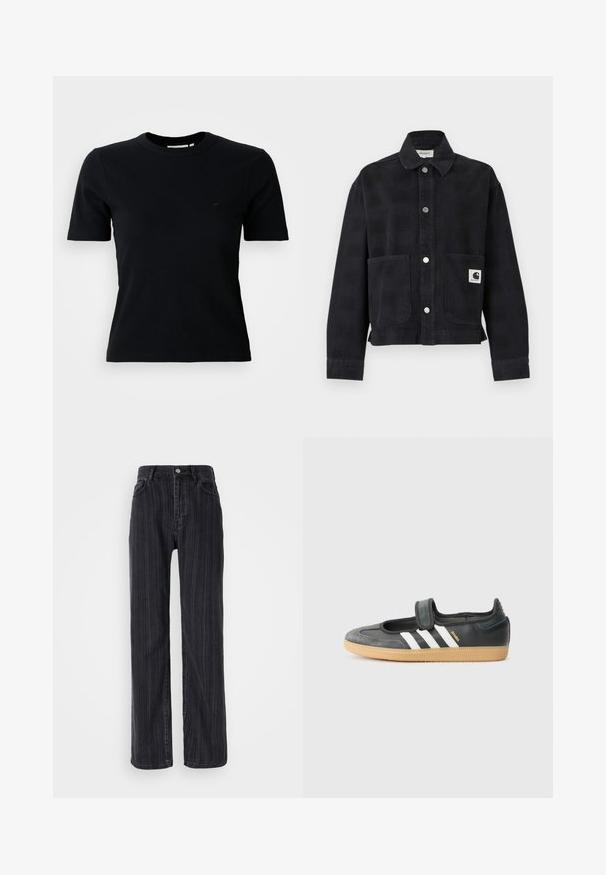 Veste noire boutonnée avec col, manches longues, deux poches avant et un patch logo sur la poche droite.; T-shirt noir à manches courtes à côtes et col rond ; arbore un logo subtil sur la poitrine ; fabriqué en tissu doux et texturé.; Jean en denim noir taille haute avec un motif rayé vertical, coupe droite et fermeture à bouton métallique à l'avant.; Sneaker en cuir noir et suède avec une sangle Velcro, arborant trois bandes blanches et une semelle en caoutchouc, étiqueté "SAMBA" sur le côté.