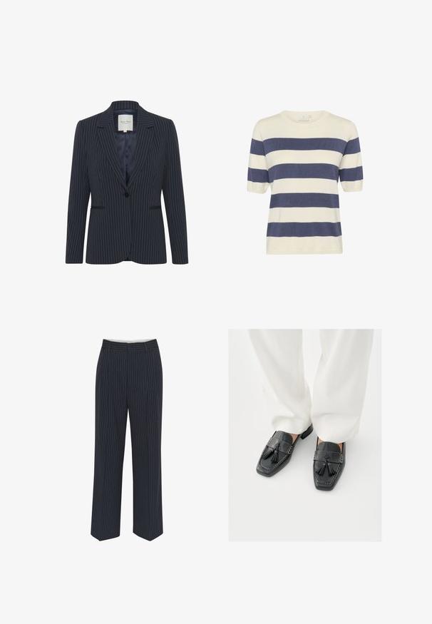 Marineblå blazer med stikstribe og enkelt knaplukning, notch-lapel krave, forlommer og en glat indvendig foring. Har en skræddersyet pasform.; Kortærmet, cremet og marineblå stribet sweater. Strikket materiale med rund hals og ribbede manchetter. Afslappet pasform og glat tekstur.; Mørkeblå bukser med hvide lodrette striber, vide ben, glat stof, bælteløkker og en midtersøm foran for et skræddersyet udseende.; Sorte læderloafer med kvaster, firkantede tæer og dekorative syninger, kombineret med hvide bukser med vide ben.